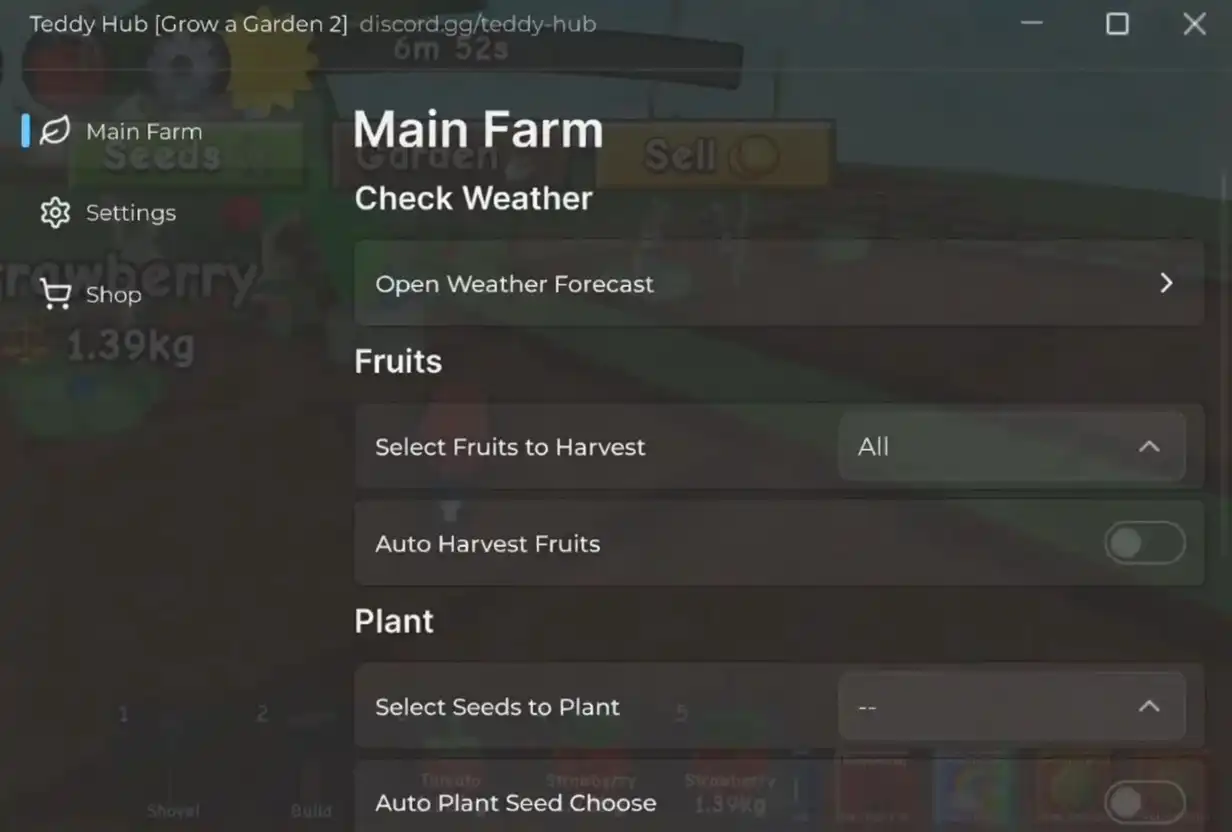 Меню скрипта Teddy Hub на Вырасти Сад 2 — Main Farm, авто-сбор фруктов и авто-посадка